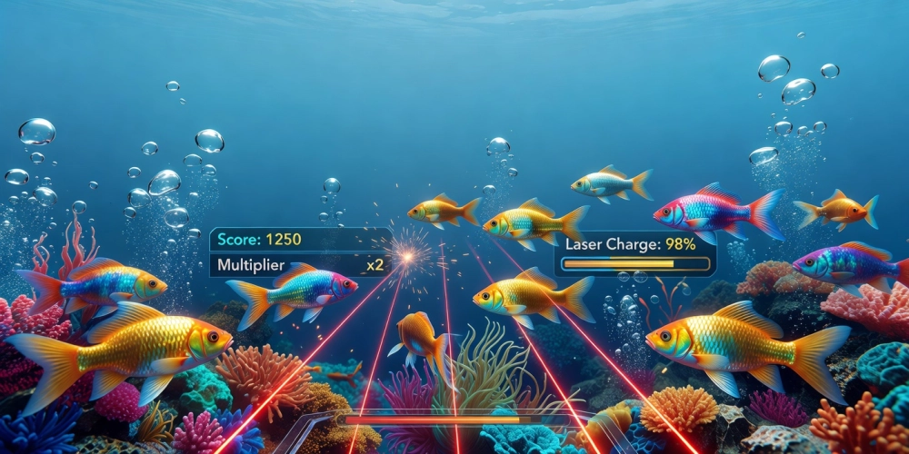 Minh họa giao diện game bắn cá vàng nh88 với đồ họa sống động và cá vàng lấp lánh