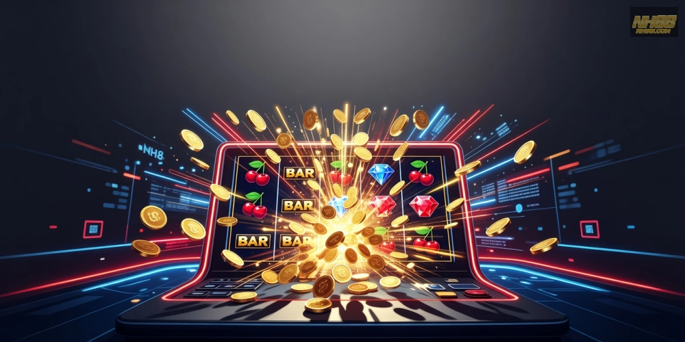 Minh họa khái niệm nổ hũ trên nền tảng NH88 với jackpot bùng nổ và biểu tượng slot hấp dẫn
