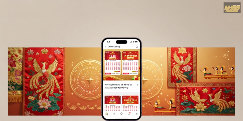 Minh họa khái niệm xổ số kiến thiết nh88 với giao diện hiện đại và vé số ảo
