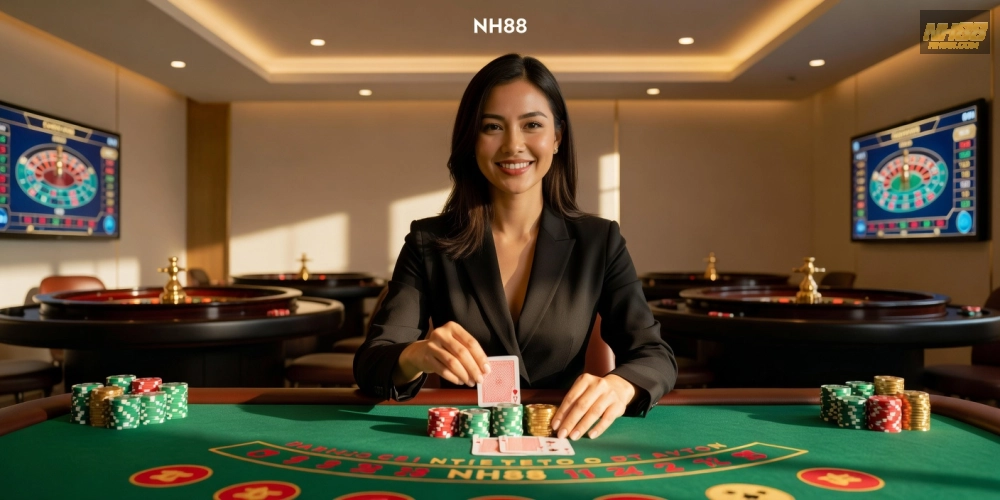 Minh họa dealer chuyên nghiệp đang phát bài blackjack trong studio live casino nh88 hiện đại