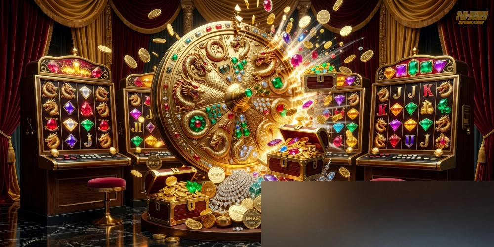 Hình ảnh trò chơi nổ hũ vàng nh88 với jackpot khổng lồ và hiệu ứng ánh sáng rực rỡ
